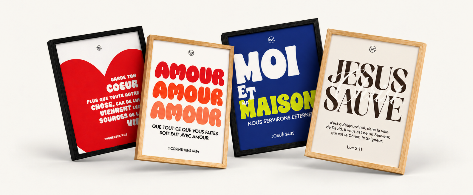 Composition des cadres Art’monie Céleste : Garde ton cœur, Amour, Moi et ma maison et Jésus Christ sauve